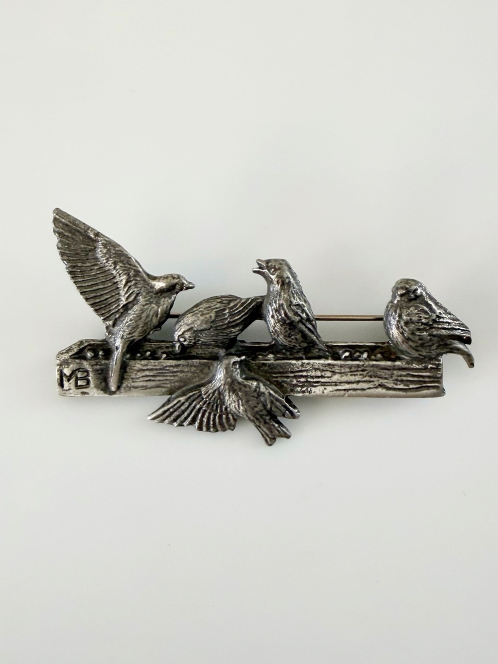 Vintage 1999 Birds On Feeder Dark Silver Tone Signed M.J. Bastin Brooch Pin